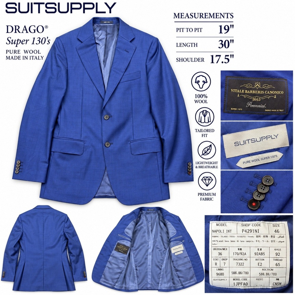 Suitsupply Napoli Blue Suit Jacket Vitale Barberis Canonico Wool IT46 P4291NI